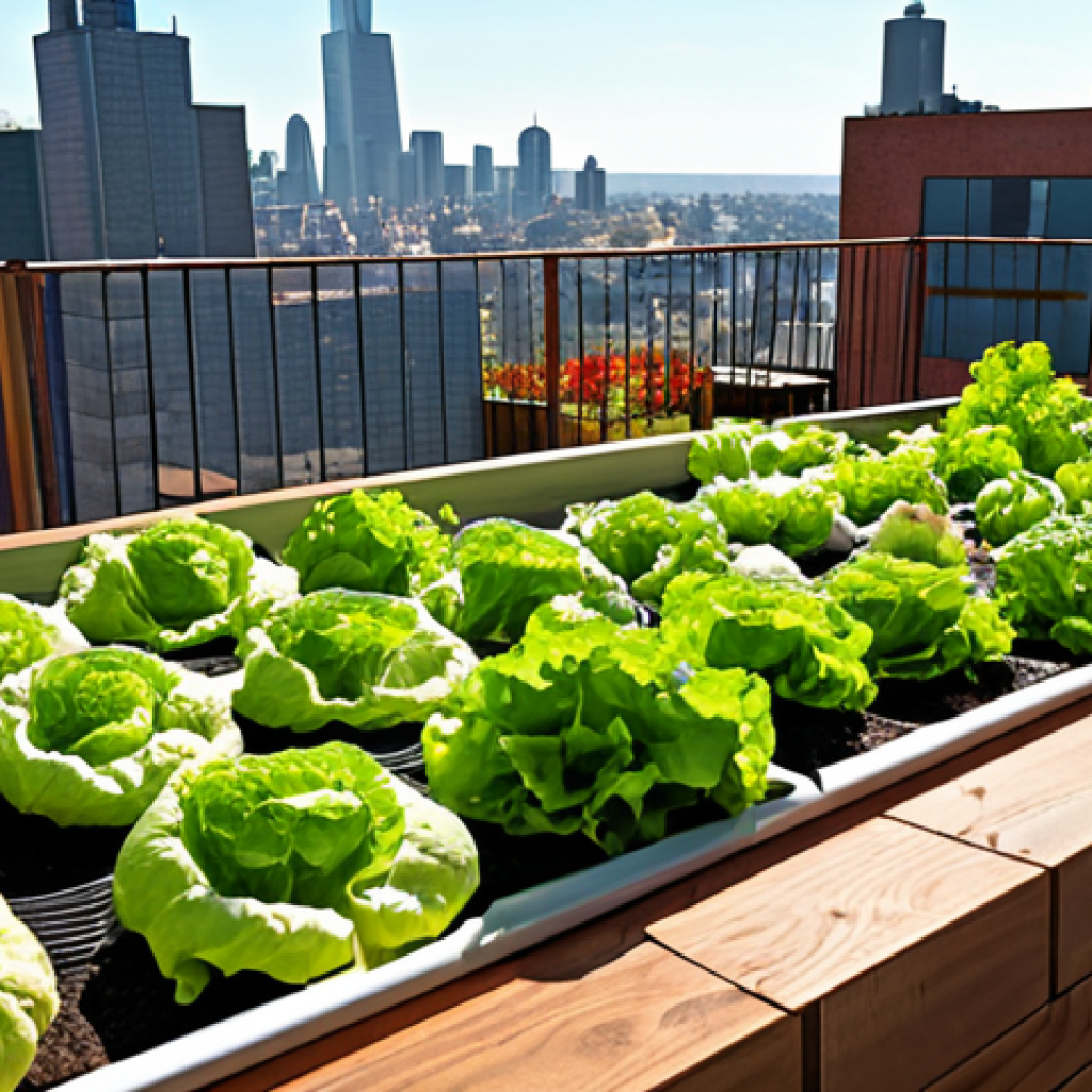 Rooftop garden with various vegetables (lettuce, tomatoes, peppers), cityscape in the background, sunny day, vibrant colors, close-up shot emphasizing freshness, urban agriculture concept.