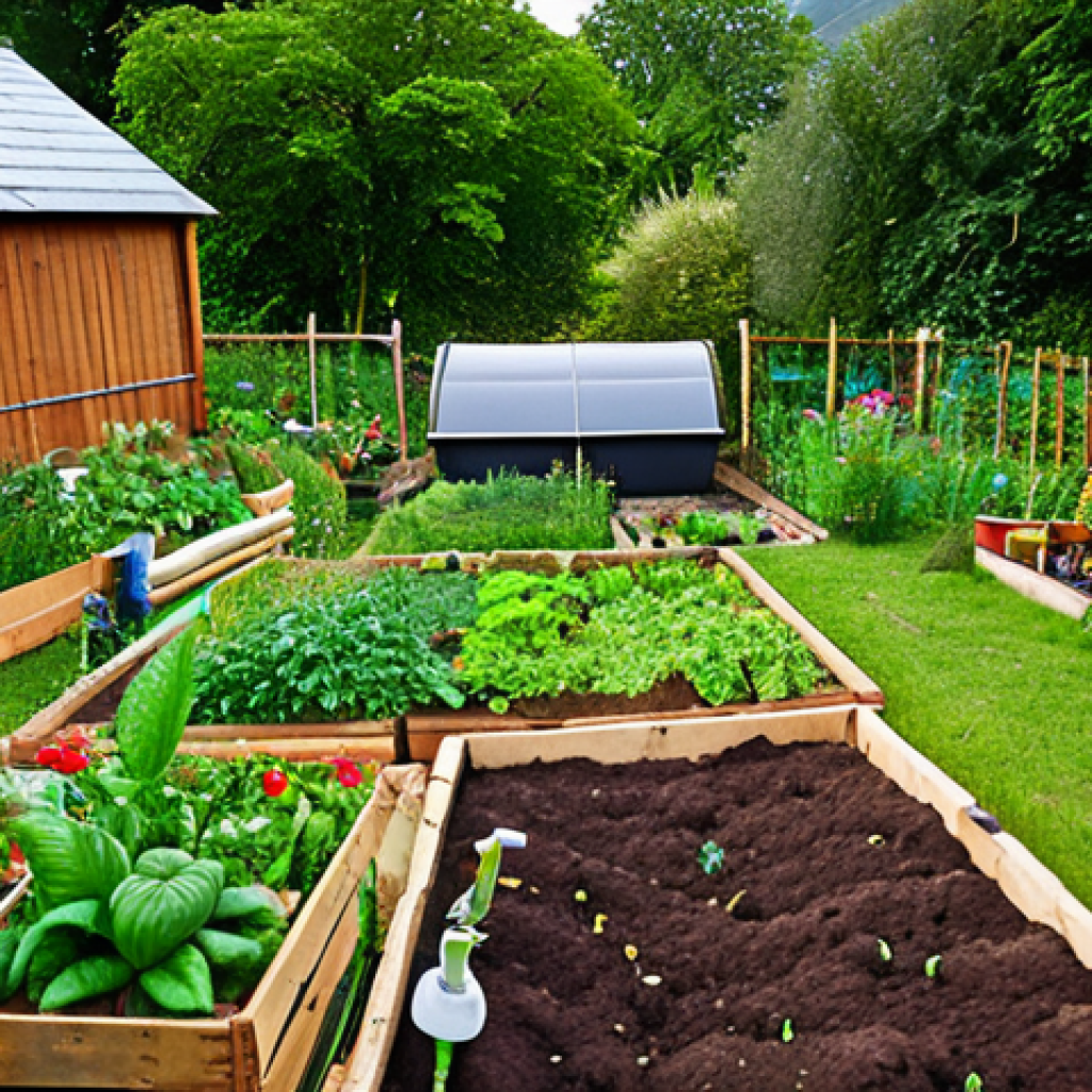**

A vibrant permaculture garden with a mix of vegetables, herbs, and flowers. Compost bins and rainwater harvesting system are visible. Focus on the diversity of plants and the interconnectedness of the system.

**