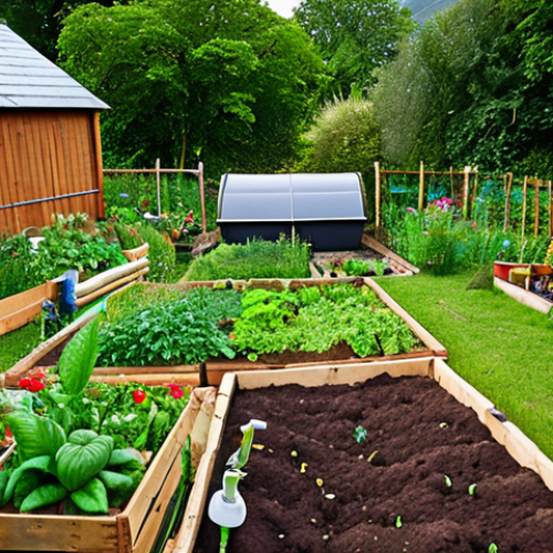 **

A vibrant permaculture garden with a mix of vegetables, herbs, and flowers. Compost bins and rainwater harvesting system are visible. Focus on the diversity of plants and the interconnectedness of the system.

**
