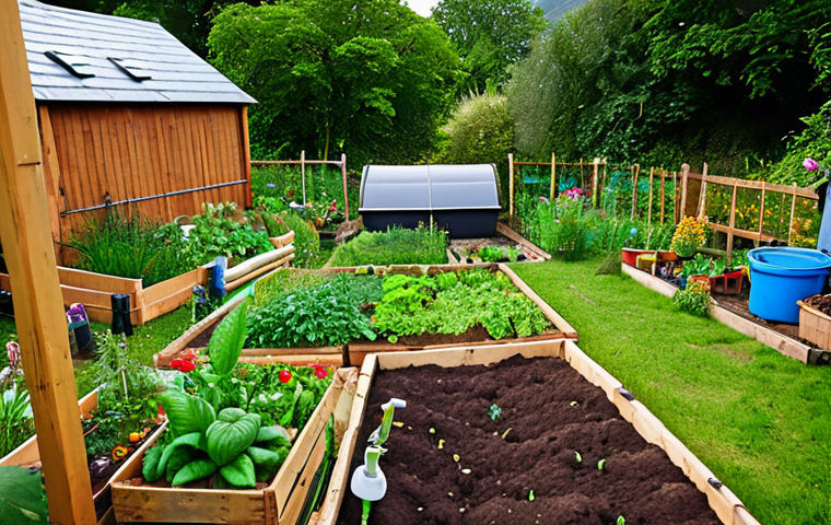 **
A vibrant permaculture garden with a mix of vegetables, herbs, and flowers. Compost bins and rainwater harvesting system are visible. Focus on the diversity of plants and the interconnectedness of the system.
**